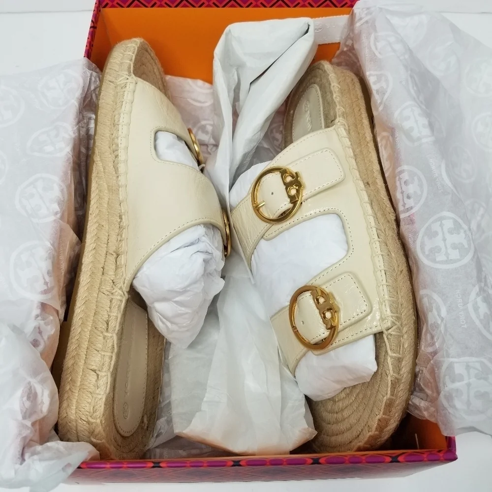 Tory Burch Selby Cream Leather Two Band Espadrille Slides
